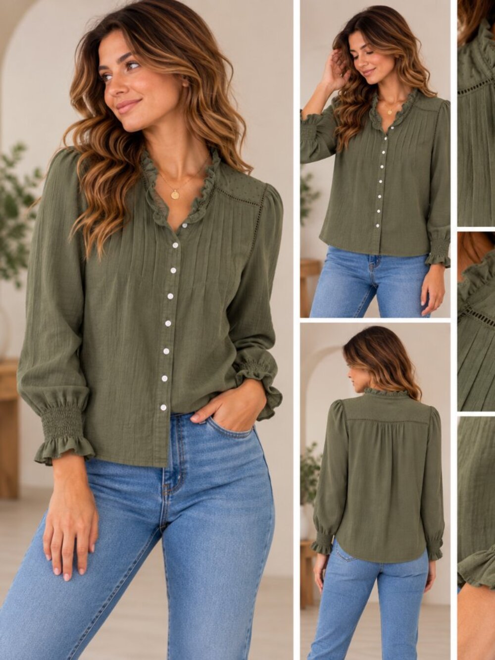 Quince Olive Green Ruffle Collar Button-Down Blouse